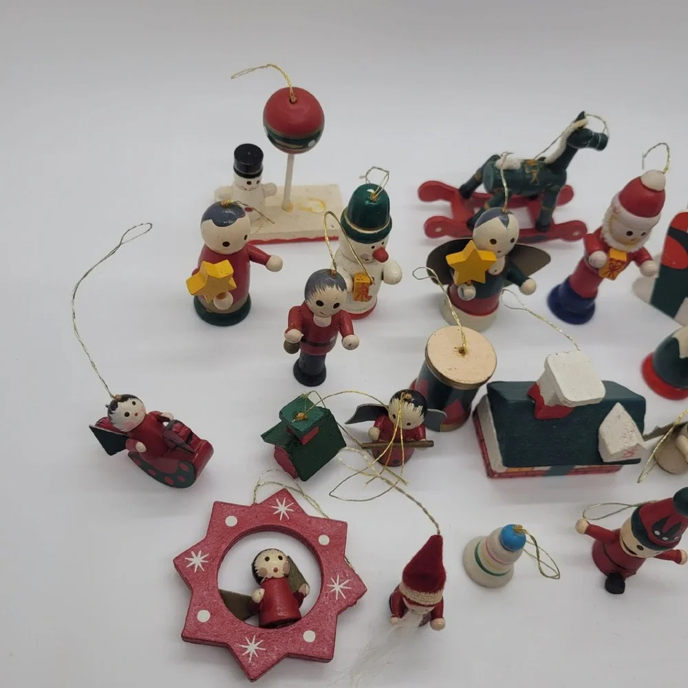 Vintage Not so Mystery Lot of 25 Wooden Christmas Ornaments Folk Art